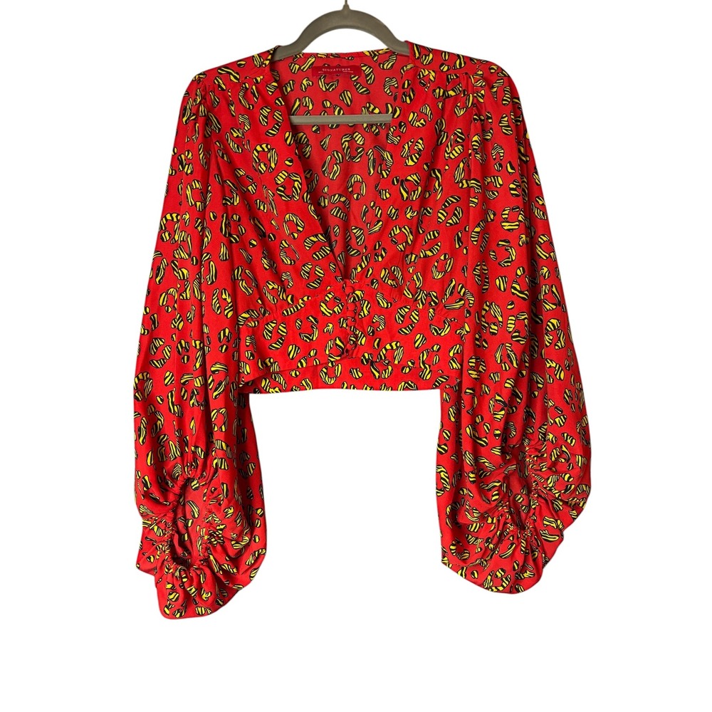 Signature 8 Red Animal Print Balloon Sleeve Crop Blouse Small